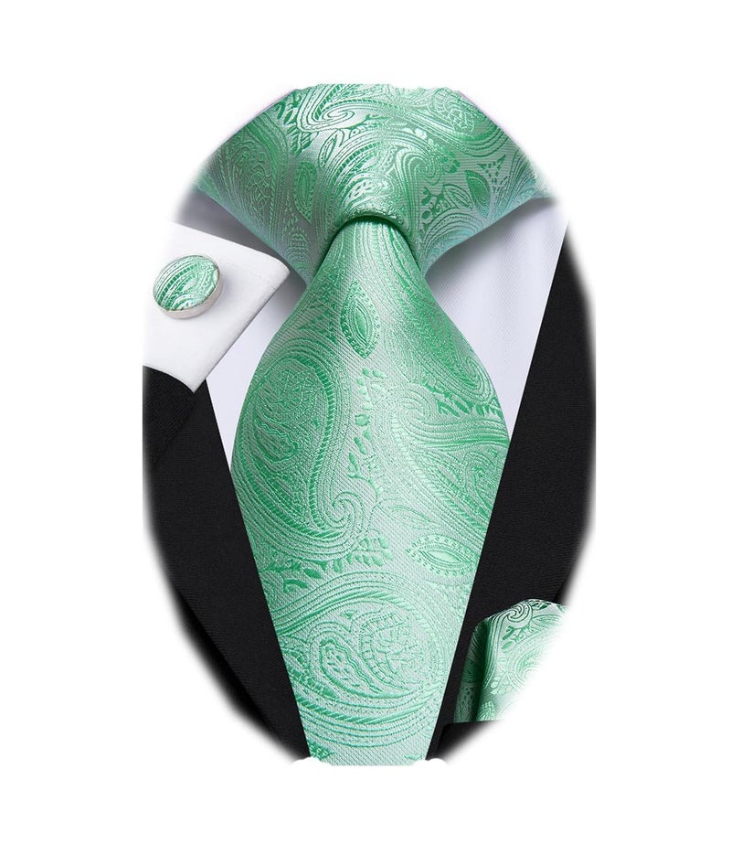 Dubulle Mens Mint Green Paisley Striped Tie WOVEN Necktie for Men and Handkerchief Cufflinks Set Wedding Formal Business - Image 1